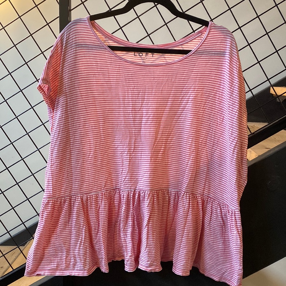 LOFT Pink and White Striped Short Sleeve Peplum Tee